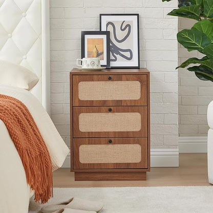 AVZEAR Mid Century Night Stand Set of 2, Modern Nightstand with 3 Drawers and Nature Linen Panel, Wood Bedside Table Rustic End Table for Small Space, Dorm, Bedroom(Walnut)