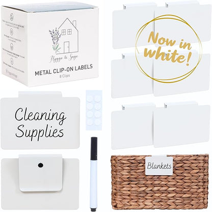 Hygge & Sage: Metal Non-Slip Basket Labels Clip On for Storage Bins, or Wire Racks | Includes 8 Labels, 8 Non-Slip Pads, and 1 Free Marker (White)