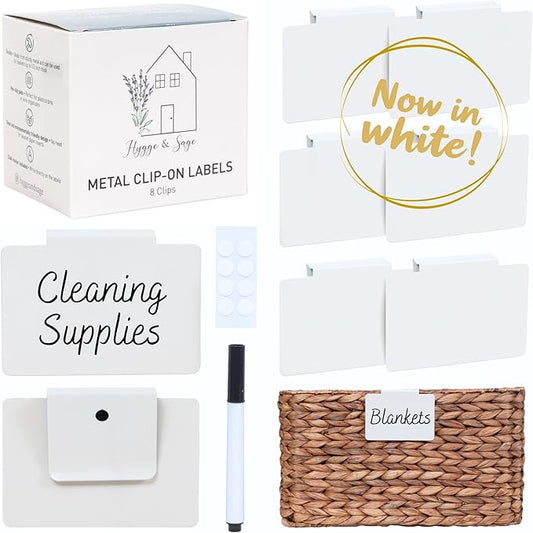 Hygge & Sage: Metal Non-Slip Basket Labels Clip On for Storage Bins, or Wire Racks | Includes 8 Labels, 8 Non-Slip Pads, and 1 Free Marker (White)