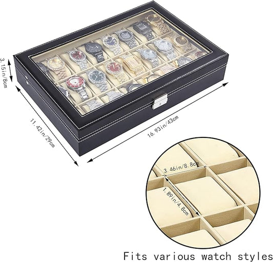 Baojulong 24-Slot Black PU Leather Watch Box, Watch Organizer with Clear Lid, Fits Various Watch Styles