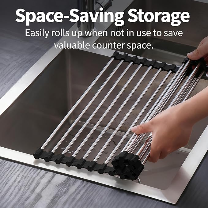 TYZUIAW Roll Up Dish Drying Rack for Over Sink - 17.5"x15.7" Foldable Stainless Steel Kitchen Drainer, Black