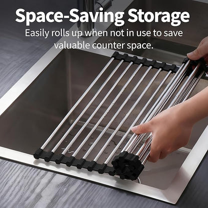 TYZUIAW Roll Up Dish Drying Rack for Over Sink - 17.5"x15.7" Foldable Stainless Steel Kitchen Drainer, Black