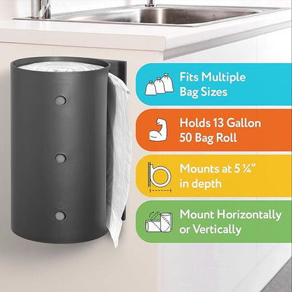 IMPRESA Trash Bag Dispenser Wall Mount - 50-Count Gray Plastic Holder - Under-Sink & Garage Installation - Garbage Bag Storage - Kitchen Organization & Storage