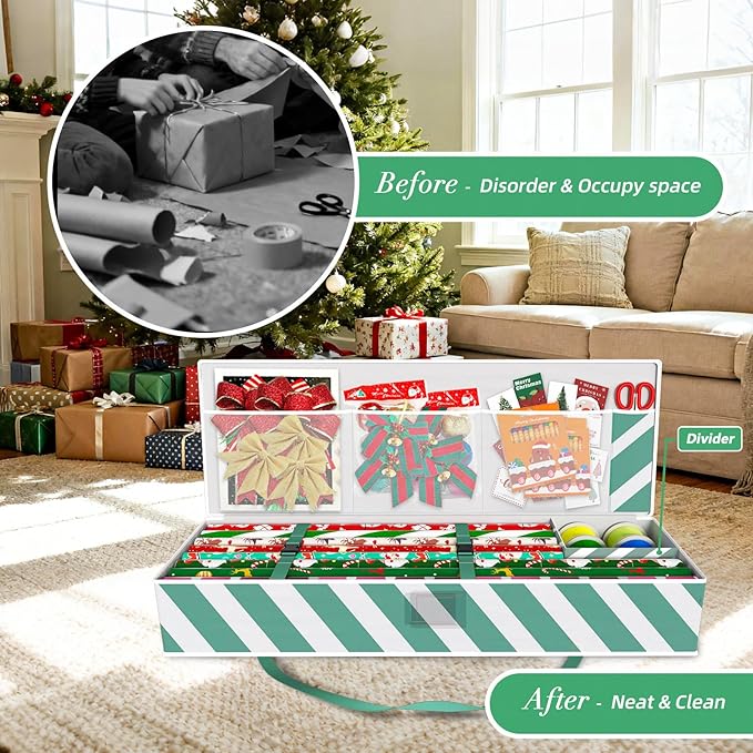 Safana 2 Pack Wrapping Paper Organizer Storage Bag, 42" Durable 600d Oxford Gift Wrapping Organizer Box Under Bed Storage Containers for Decorations Paper Rolls, Ribbons, Balls, Bows (Green Stripe)