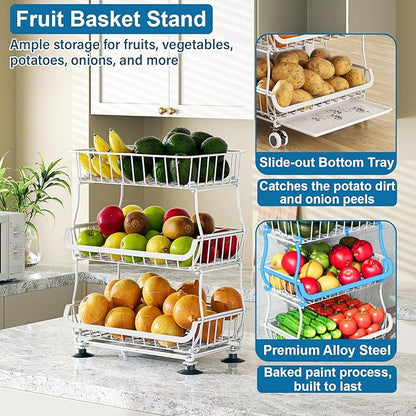 3-Tier Rolling Pantry Floor Organizer and Storage Cart with Wheels, Stackable Wire Pantry Baskets for Pantry Shelves, Kitchen Storage Rack and Fruit Basket Stand for Fruit Snack Onion Potato