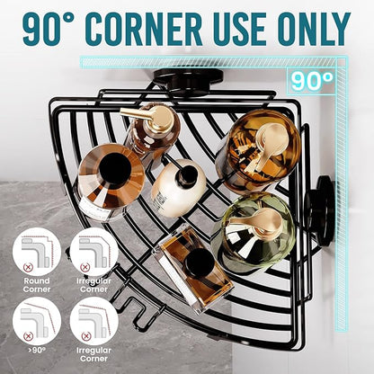 TAILI Powerful Suction Cup Corner Shower Caddy 2 Pack, Stainless Steel Rustproof Shower Shelf with Hook, Drill-free Wall Mounted Basket, Large Capacity Removable Suction Cup Bathroom Organizer, Black