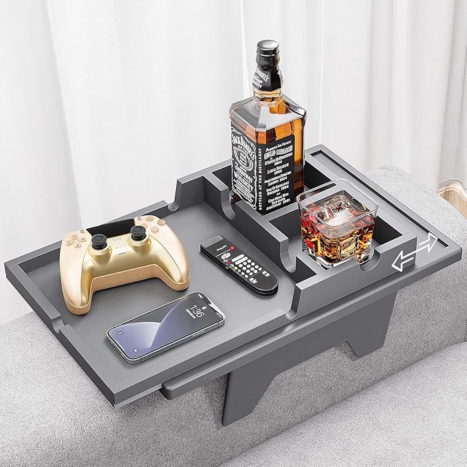 Bamboo Couch Cup Holder Tray - 2 in 1 Couch Armrest Table with Be Slide-Away Detachable Double Holder - Sofa Armchair Caddy for Drinking Snacks iPad TV Remote (Gray)