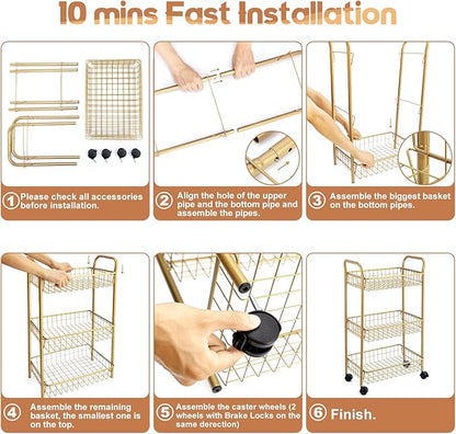 3 Tier Mesh Rolling Utility Cart, Gold Metal Organization Cart with Lockable Wheels, Multifunctional Storage Trolley Service Cart for Kitchen Living Room Office Salon