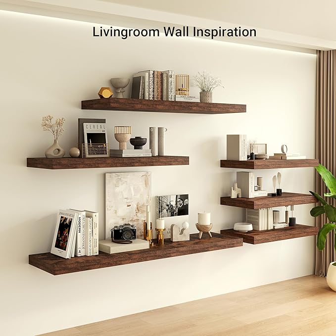 Heimlove 12" Deep Floating Shelves, 36 x 12 Inch Wall Mounted Long Floating Shelf with Invisible Brackets, for Home Decor, Bedroom, Kitchen, Living Room, Bathroom - 1 Pack, Rustic Brown
