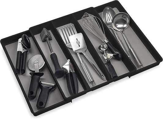 ELTOW Expandable Utensil Drawer Organizer, 5 Compartment Non-Slip & Adjustable Large Utensil Organizer for Kitchen Drawers, Kitchen Organization for Utensils, Flatware Storage Tray (Black)