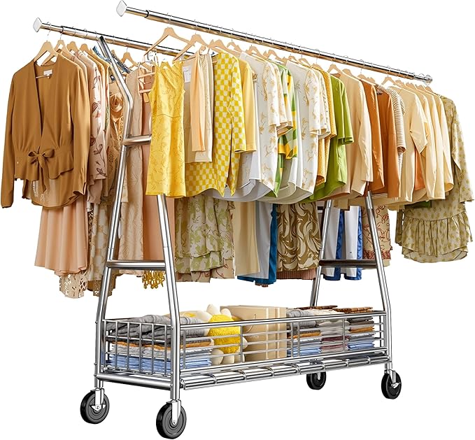Raybee Heavy Duty Clothes Rack 630LBS, Double Rods Clothing Rack with Storage Basket, Portable Garment Rack for Heavy Clothes, Extendable & Adjustable, Bedroom, Closet, Commercial