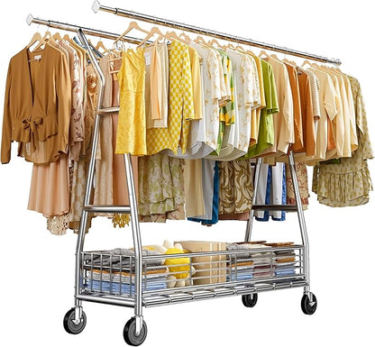 Raybee Heavy Duty Clothes Rack 630LBS, Double Rods Clothing Rack with Storage Basket, Portable Garment Rack for Heavy Clothes, Extendable & Adjustable, Bedroom, Closet, Commercial