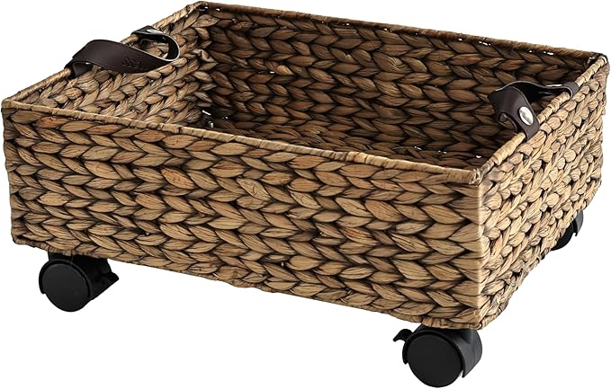 happimess BSK2014B Adaline 18.11" Classic Farmhouse Handwoven Hyacinth Rectangular Underbed Storage Bin with Wheels and Handles for Storage and Decoration in Bathroom, Bedroom, Closet, Entryway, Brown