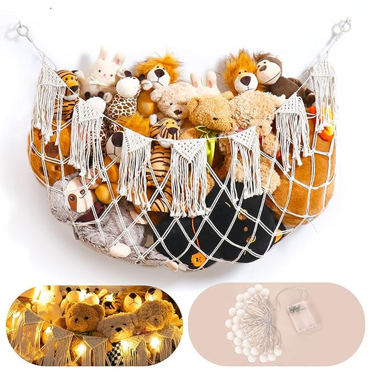 Stuffed Animal Storage Hammock with Lights- Boho Wall Hanging Plushie Net for Stuff Aanimal Organizer and Teddy Bear Storage, Small Toy Hammock for Kids Bedrooms Playroom Nursery(White Small)