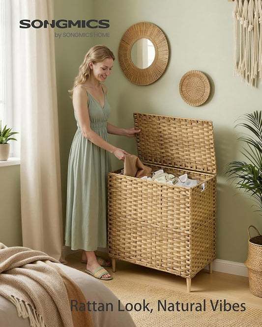 SONGMICS Laundry Hamper with Lid, PE Rattan Laundry Basket with Removable Liner, Storage Basket for Bedroom Living Room, 3-Section Sorter, 42.2 Gallons (160 L), Goose Yellow ULCB223YE01