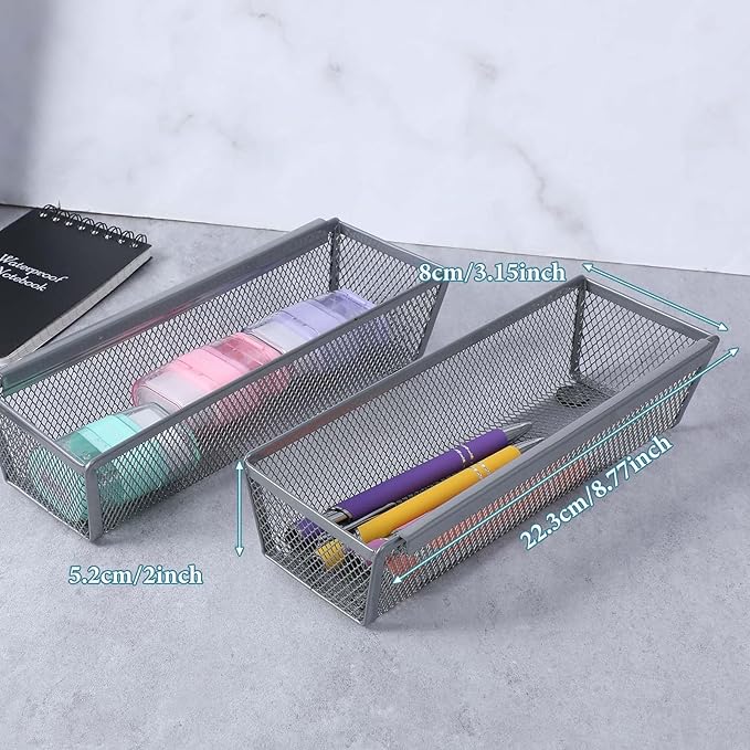 6 Pcs Mesh Silverware Drawer Organizer, Metal Drawer Organizer for Kitchen, Small Utensil Drawers Organizers with Interlocking Arm for Flatware, Knives, Spoons,Cosmetic (Silver 9 * 3 * 2 inch)