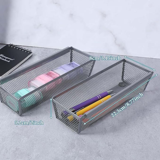 6 Pcs Mesh Silverware Drawer Organizer, Metal Drawer Organizer for Kitchen, Small Utensil Drawers Organizers with Interlocking Arm for Flatware, Knives, Spoons,Cosmetic (Silver 9 * 3 * 2 inch)