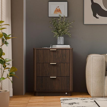 BONITURE Fluted Nightstand, Curved Night Stand with Charging Station Lighting, Wood End Table with 3 Drawers, Modern Side Table Storage Cabinet for Bedroom Office,(1, Walnut)