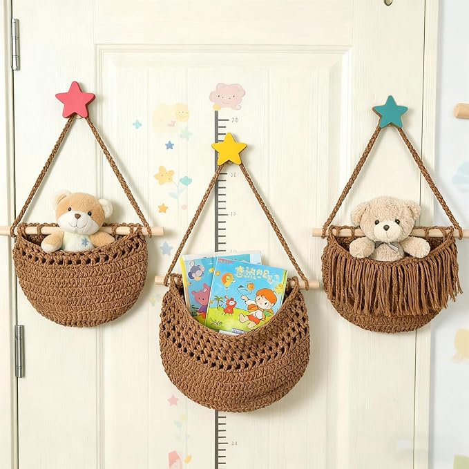 3 Tier Hanging Fruit Baskets for Kitchen, Boho Cotton Rope Handwoven Vegetable Hammock Produce Storage Wall Mounted Large Organizing Basket for Farmhouse Decor, Over The Door, Onion, Potato (Caramel)