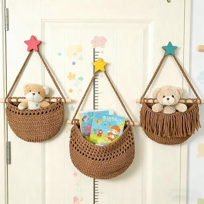 3 Tier Hanging Fruit Baskets for Kitchen, Boho Cotton Rope Handwoven Vegetable Hammock Produce Storage Wall Mounted Large Organizing Basket for Farmhouse Decor, Over The Door, Onion, Potato (Caramel)