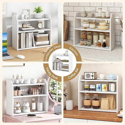 Giantex 3-Tier Desktop Bookshelf, Small Wood Countertop Organizer with Raised Guardrails, Space-Saving Desk Display Hutch, Modern Tabletop Shelf for Study Room, Office and Dorm, White (1)
