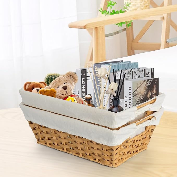 JS HANGER Wicker Storage Basket with Liners, Set of 2, Washable Waterproof, 12.6" L x 8.7" W x 4.3" H, Woven Basket for Pantry, Toilet, Bathroom, Bedroom, Patio,Natrual