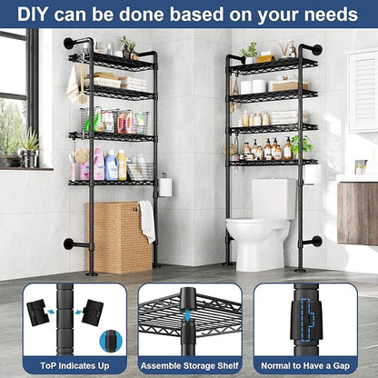 Roxibelt K3 Wall Mounted 4-Tier Over the Toilet Storage，Metal Above Toilet Storage with Paper Hook，Over Toilet Bathroom Organizer with Adjustable Shelf，Above Toilet Rack 9.7"D x 25.6"W x 74.3"H，Black