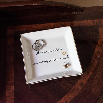 HOME SMILE Friends Gifts for Women Her Ring Trinket Dish Jewerly Tray-A True Friendship is a Journey Without an end-Birthday Gifts for Friends Female