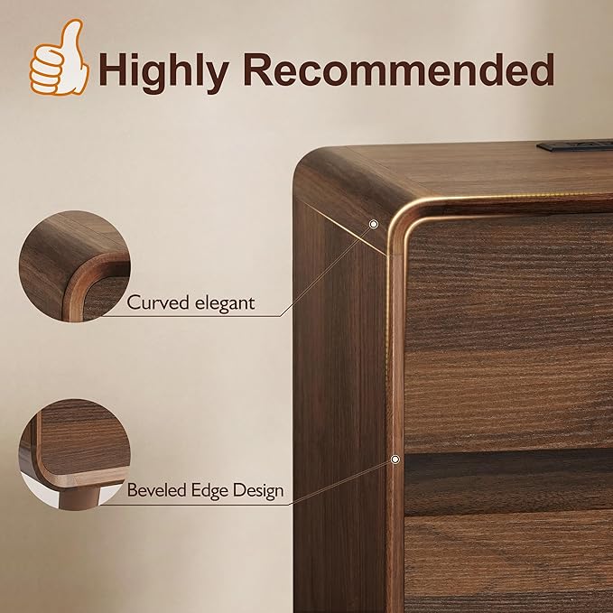 Nasonet Tall Nightstand with Charging Station, Mid Century Modern Nightstands with 3 Storage Drawers, Curved Wood Night Stands for Bedrooms, Walnut