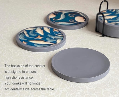 Absorbent Coasters for Drinks with Holder - 6packs, Silicone Coastes with Soft Felt Insert (4.3 inch Coasters with 4.5 inch Holder, Dual-Sided Ocean -Themed Patterns)