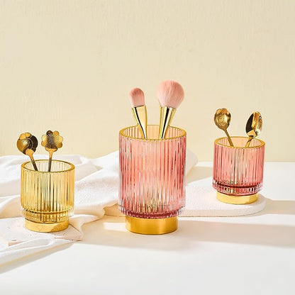 LEICURACE Makeup Brush Organizer, Toothbrush Holder, Desk Pen Pencil Holder, Multifunctional Vintage Glass Brush Cup (S/Gold/A3-12-US)