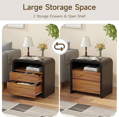 HOCAT 24 inches Black Modern Nightstand, Bedside Table with Curved Anti-Collision Design, Large Night Stand with 2 Storage Drawers and Open Wood Shelf for Bedroom, Farmhouse Side Table, End Table
