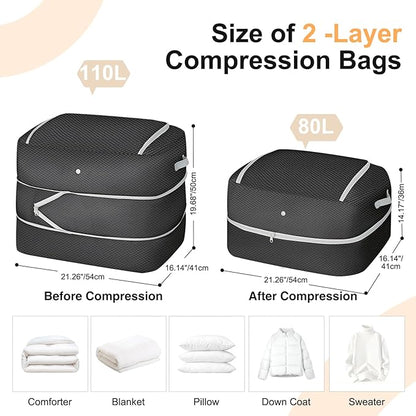 Easortm Comforter Storage Bag - 110L Large Capacity Blanket Storage Bags 2-Layer Ultra Space Saving Self Compression Organizer, Washable Compression Bags for Storage Comforter Blanket, 6-Pack, Black