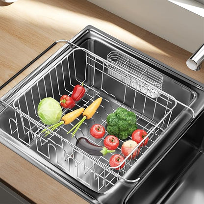 Fanbsy Dish Drying Rack in Sink, Extendable Stainless Steel Dish Drainers for Kitchen Counter, Anti-Rust Dish Dryer Rack with Utensil & Cup Holders, for Inside Sink, Over The Sink