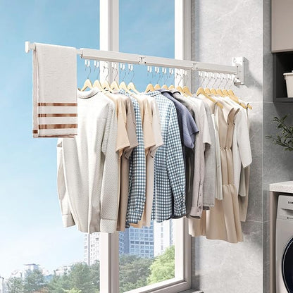 Wall Mounted Clothes Drying Rack, Collapsible Laundry Drying Rack, Retractable Foldable Drying Rack Clothing for Hanging Clothes,White-Rings