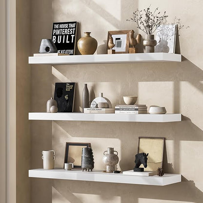 Fun Memories Farmhouse Floating Shelves - 8 Inch Deep Rustic Wood Wall Shelf - Premium Solid Pine Wood Storage Shelf for Kitchen Living Room Bedroom - 30" W x 8" D - Set of 2 - White