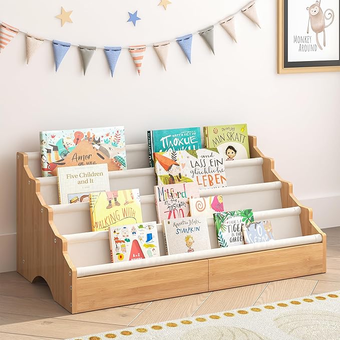 ELYKEN Toddler Bookshelf for Kids Rooms, Nursery Book Shelves with Open Forward Display, Montessori Book shelf for Baby Room, Small Children Classroom Books Rack Storage, Reading Corner for Kid, Beige
