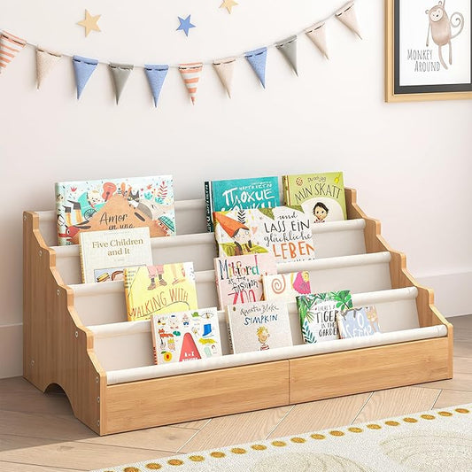 ELYKEN Toddler Bookshelf for Kids Rooms, Nursery Book Shelves with Open Forward Display, Montessori Book shelf for Baby Room, Small Children Classroom Books Rack Storage, Reading Corner for Kid, Beige