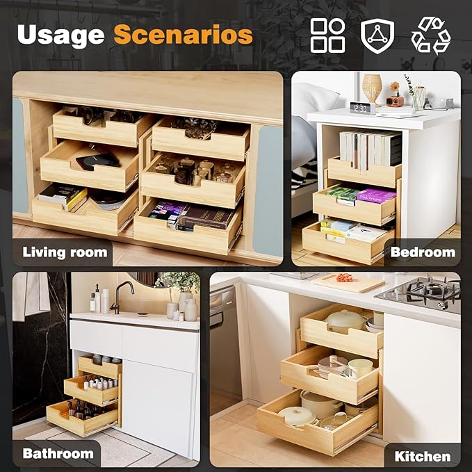 Pull Out Cabinet Organizer, 26''W×21''D Sliding Drawers for Cabinets, 3 Tier Soft Close Slide Out Wooden Pull out Drawers, Base Cabinet Organization for Kitchen, Pantry, Bathroom