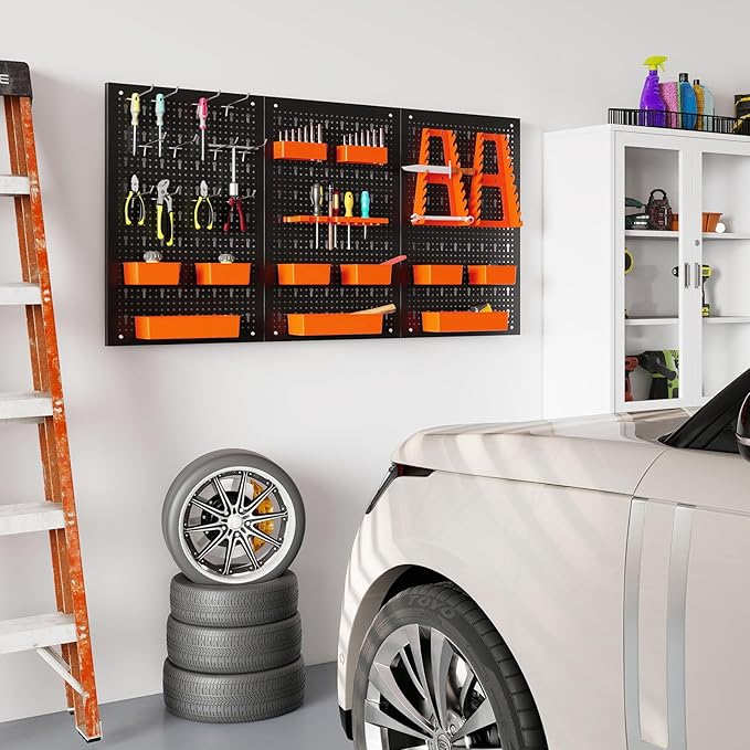 Tool Pegboard Organizer, 4 FT Metal Pegboard Wall with Hooks, Storage Bins & Tool Holders, Peg Board Kit Garage Storage System for Workbench Shed, Craft Room & Workshop (Black+Orange)