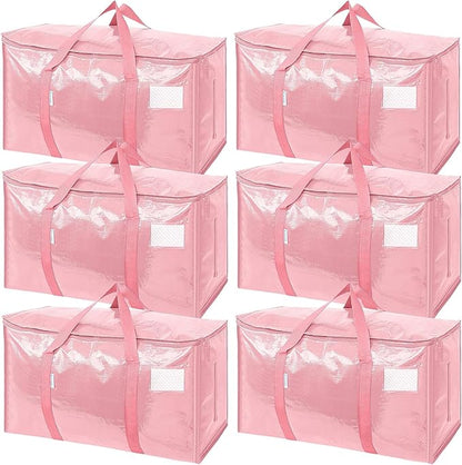 TICONN 6 Pack Extra Large Moving Bags with Zippers & Carrying Handles, Heavy-Duty Storage Tote Moving Boxes for Space Saving (6 Pack, Coral)