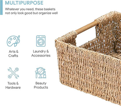 Large Natural Wicker Basket Rectangular with Wooden Handles, Seagrass Storage for Organizing, Shelves 15.5 x 10.6 x 5.5 inches