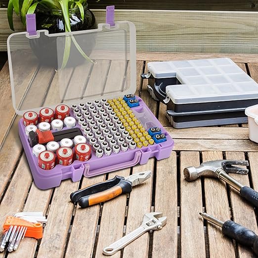 Battery Organizer Storage Case with Tester Checker. Batteries Holder Box Container for 120+ AA AAA 9V C D Lithium CR2025 CR1632 CR2032 Coin Cell Battery with Wall-Mounted Design -Purple
