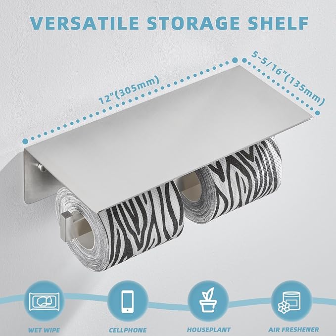 Suyar Double Toilet Paper Holder with Shelf, SUS 304 Stainless Steel Toilet Tissue Roll Holder, Brushed Nickel