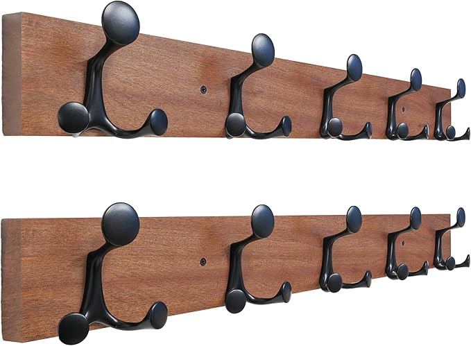SKOLOO 30-Inch Wood Coat Rack Wall Mount with 5 Triple Hooks - Ideal for Family Entrances, Classrooms, and Pet Supplies Storage - Perfect Coat Hooks for Wall,Mahogany (Sapele), Pack of 2
