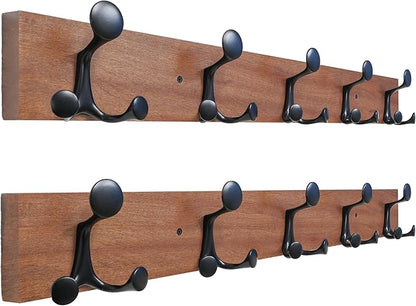 SKOLOO 30-Inch Wood Coat Rack Wall Mount with 5 Triple Hooks - Ideal for Family Entrances, Classrooms, and Pet Supplies Storage - Perfect Coat Hooks for Wall,Mahogany (Sapele), Pack of 2