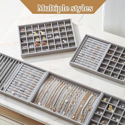 KATISYIO Large Velvet Jewelry Tray 2 Pack Stackable Jewelry Display Drawer Inserts Trays Organizer for Earring Bracelet Necklace Ring (Gray, 40 Grids)