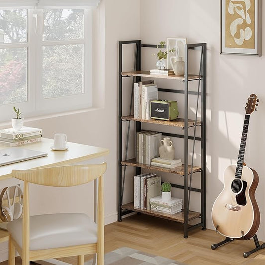 BHG Vintage Multifunctional Bookcase Folding Bookshelf, No-Assembly Plant Stand Storage Rack Shelves for Home Office (Fire, 4-Tier)