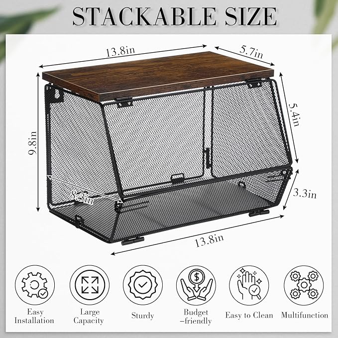 2 Pcs Stackable Mesh Fruit Basket with Lid Wall Produce Vegetable Storage Basket Onion Potato Snack Hanging Metal Wire Container for Kitchen Counter Pantry(Non-removable,Black,8.3"w & 13.8"l)