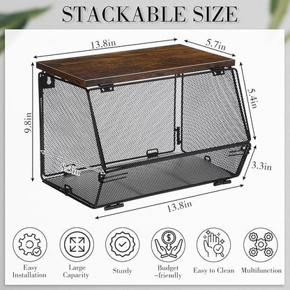 2 Pcs Stackable Mesh Fruit Basket with Lid Wall Produce Vegetable Storage Basket Onion Potato Snack Hanging Metal Wire Container for Kitchen Counter Pantry(Non-removable,Black,8.3"w & 13.8"l)